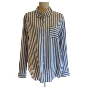 Nicole Miller Women’s Large Linen Blend Stripe Blouse Blue White 3/4 Sleeve